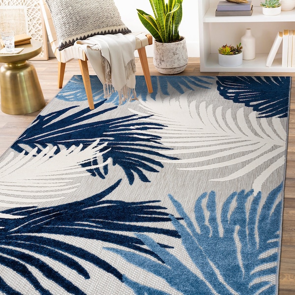 World Rug Gallery Amalfi Contemporary Tropical Floral Indoor/Outdoor Area Rug 5' x 7' Navy 8013NAVY5X7 - main